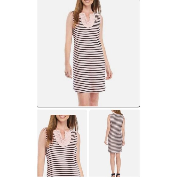 Crown & Ivy Pink & Navy Striped Sleeveless Dress With Ruffle Neckline S - Picture 2 of 6